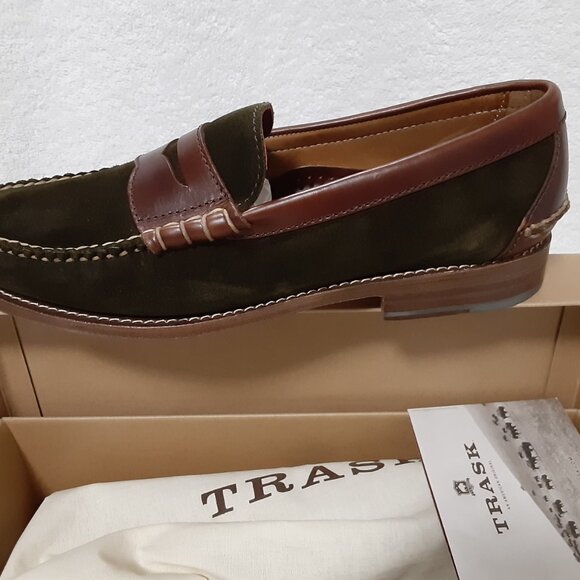 TRASK HUNTER MEN GREEN SUEDE DARK BROWN STEER LEATHER SLIP ON SHOES 11M - Picture 9 of 16